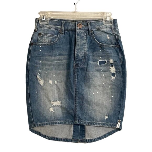 One X One Teaspoon Distressed Denim Button Fly Skirt Back Slit Size 25 Coquette - Picture 1 of 8
